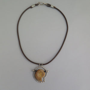 Ammonite Fossil Sterling Silver and Leather Necklace