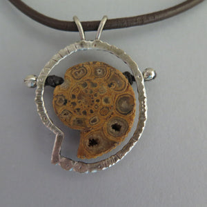 Ammonite Fossil Sterling Silver and Leather Necklace