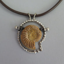 Load image into Gallery viewer, Ammonite Fossil Sterling Silver and Leather Necklace
